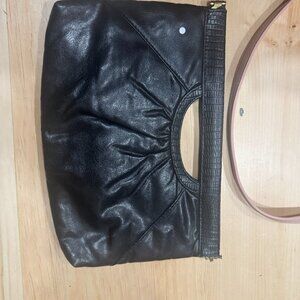 Vintage Black Genuine Leather Clasp Purse Clutch Handbag Structured Top Gold